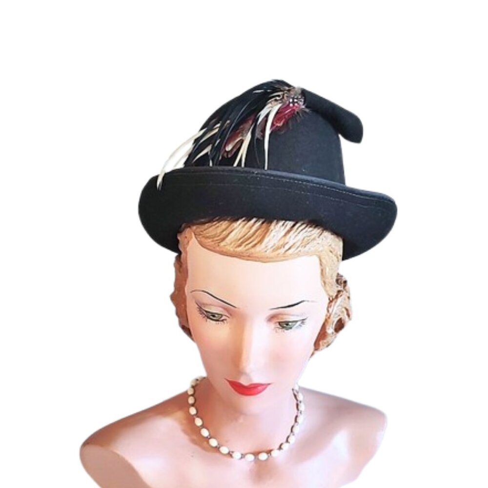 1960s Black Vintage Men's Look Fedora Style Formed Felt Hat Feathers Brimmed - Picture 7 of 9